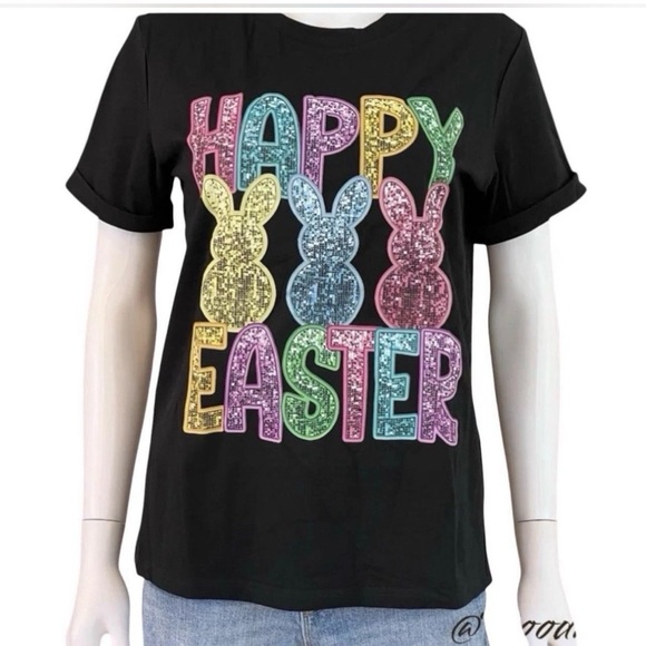 Happy Easter graphic transfer black loose fit holiday tee S M L XL 2XL 3XL - Picture 2 of 4